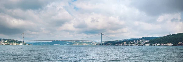 Panoramic view of Istanbul Bosporus Bridge 15 July Martyrs, the First Bridge connecting Europe and Asia on Ortakoy, Turkey
