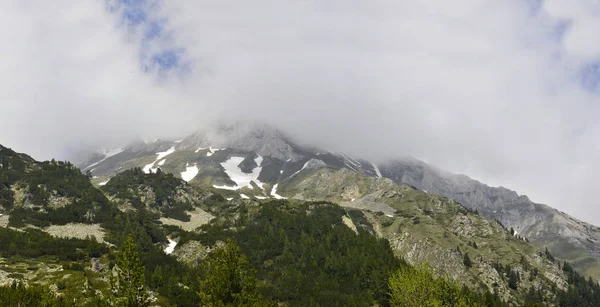 Panorama Una Hermosa Cumbre Montañosa Una Niebla Día Soleado —  Fotos de Stock