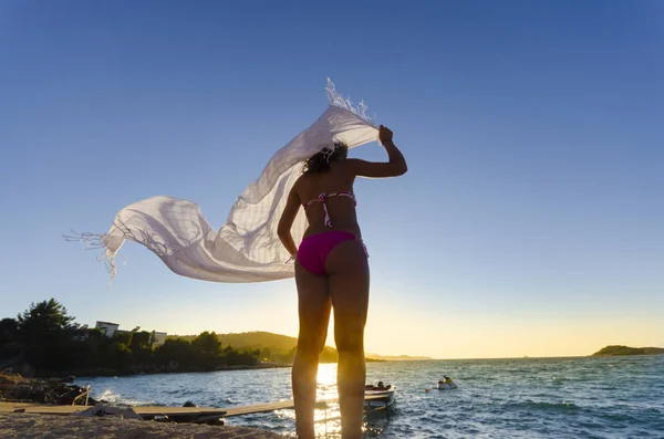 Achteraanzicht Van Vrouw Zee Strand Met Wapperende Sjaal Zonsondergang Achtergrond — Stockfoto
