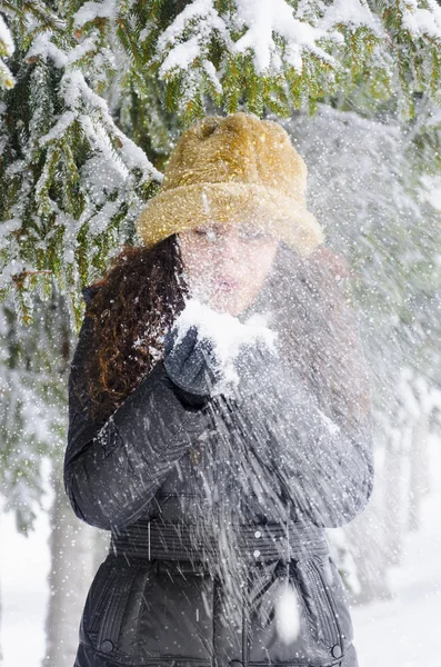 Young Girl Blowing Snow Her Palms Snowy Day Forest Pine — Stock Photo, Image