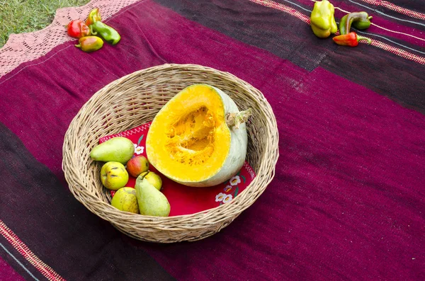 Fresh Fruit Wicker Baskets Food Plant Vegetable Pumpkin Pear — Stock Photo, Image