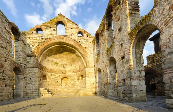 Panorama of Ruined church of St Sofia in Old Town Nesebar, Bulgaria at sunset