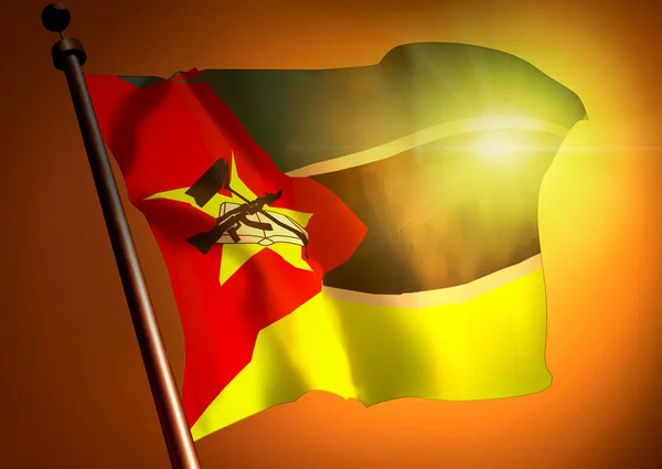 Wapperende Vlag Van Mozambique Zonsondergang Achtergrond — Stockfoto