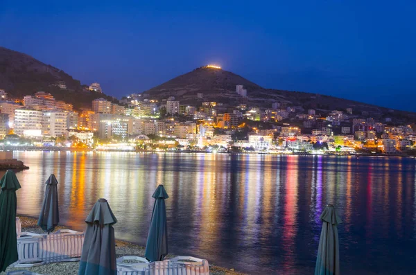 Plaj Gece Işıklar Saranda Arnavutluk — Stok fotoğraf