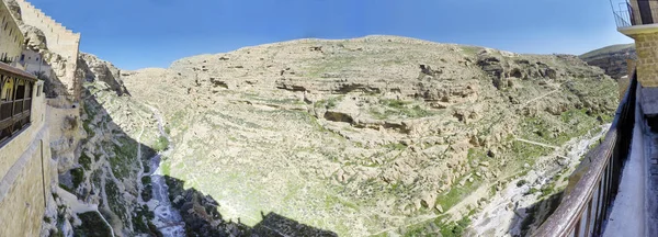 Panorama Biblijnej Doliny Kidron Pustyni Judejskiej Klasztoru Mar Sabas Zachodnim — Zdjęcie stockowe