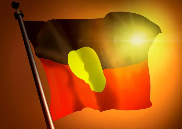 waving Australian Aboriginal flag on sunset background