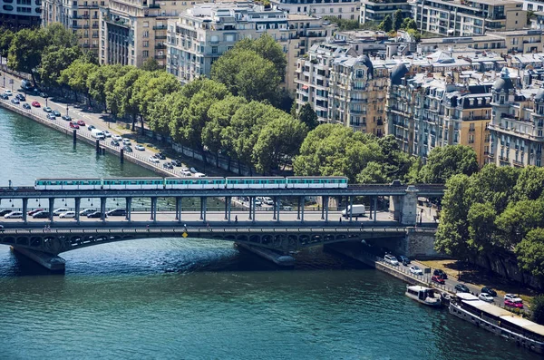 Aerial of Paris metro crossing Pont de Bir-Hakeim, Paris, France