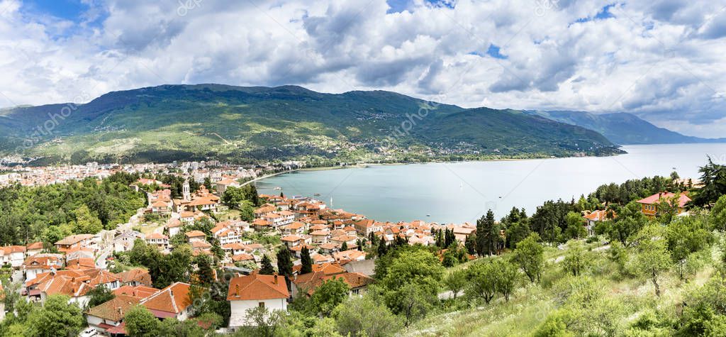 Panoramic view on new town city of Ohrid in Macedonia. Ohrid and Lake Ohrid were accepted as Cultural and Natural World Heritage Sites by UNESCO