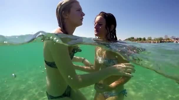 Schönheitsporträt Von Zwei Teenager Mädchen Unterschiedlicher Ethnischer Herkunft Die Sich — Stockvideo