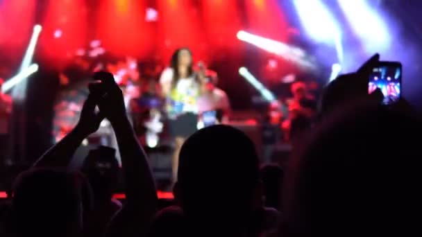 People Having Fun Concert Rising Hands Taking Pictures Smartphones Cinematic — Stock Video