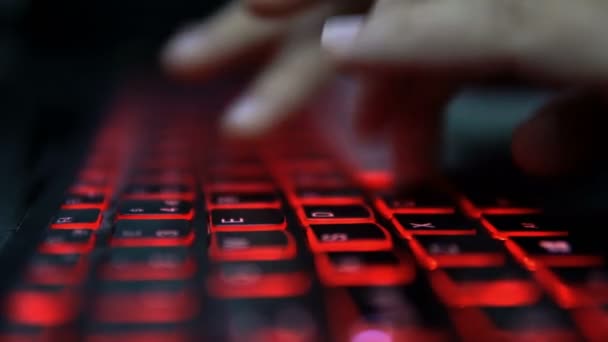 Teenage Hacker Girl Attacks Corporate Servers Dark Typing Red Lit — Stock Video