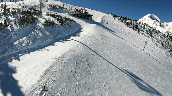 Ski Lift Draging Genom Pine Skogsområde Vid Soluppgången Till Mountain — Stockfoto