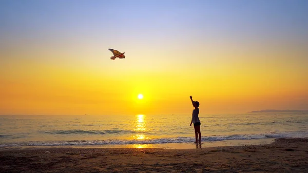 Silueta Niño Con Sombrero Volando Una Cometa Una Playa Vacía — Foto de Stock