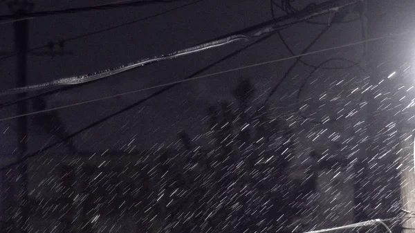 Flocos Neve Gotas Chuva Durante Noite Escura Iluminados Pela Luz — Fotografia de Stock