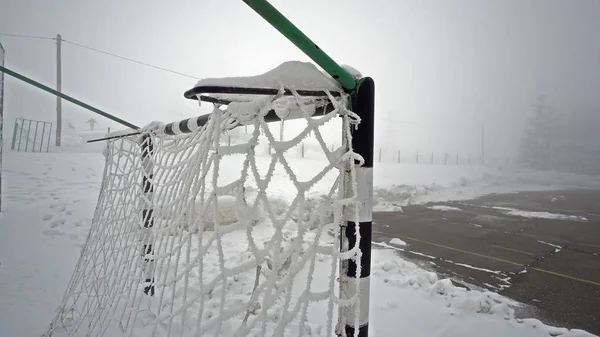 Vue Terrain Soccer Handball Vide Avec Filet Couvert Neige Pendant — Photo