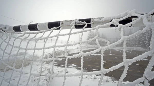 Vue Terrain Soccer Handball Vide Avec Filet Couvert Neige Pendant — Photo