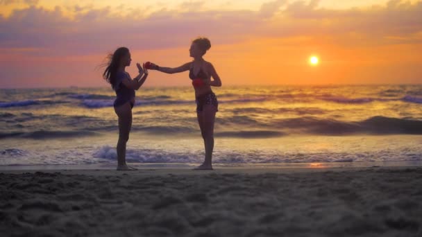 Dos Chicas Hacen Ejercicio Entrenan Karate Playa Del Océano Contra — Vídeo de stock