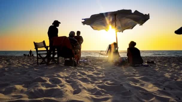 Idosos Apreciam Pôr Sol Praia Com Cadeira Guarda Chuva Silhueta — Vídeo de Stock