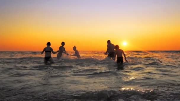 Grupp Glada Människor Spelar Och Sprutning Vattnet Vid Stranden Sunset — Stockvideo