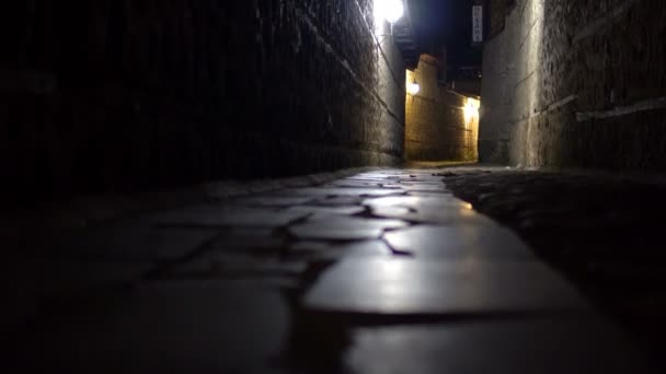 Mujer Solitaria Caminar Antiguo Callejón Piedra Por Noche Calle Trasera — Vídeo de stock