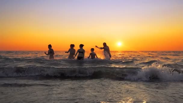 家人正在夏季海滩日落 电影慢动作上狂欢和跳跃 — 图库视频影像