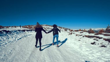 İki kadın gençler elele ve smartphone gülümseyerek konuşuyor karda yürüme