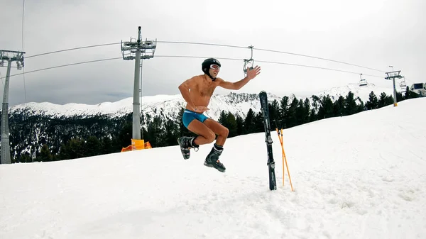 Happy Nude Male Have Fun Jump Dance Day Ski Slope — Stock Photo, Image