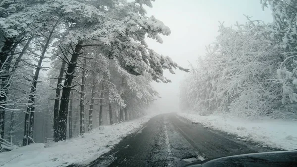 Vinter Bil Pov Snow Blizzard Med Dålig Sikt Berget Landsbygden — Stockfoto