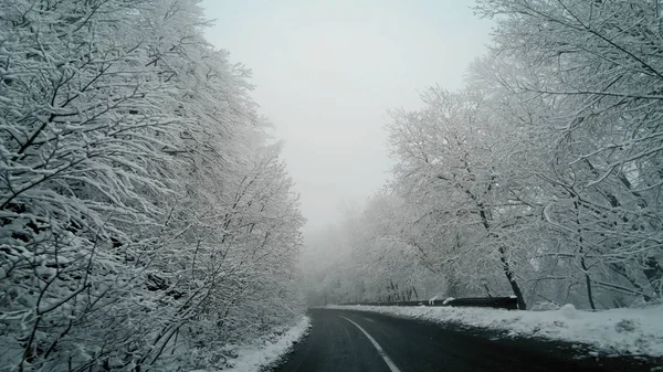 Bilen Kör Vinterväg Snöstorm Pov — Stockfoto