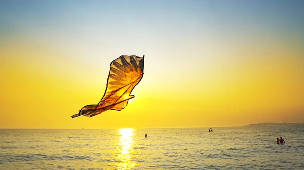 遊び心のある凧グッズ夏日没日差しのビーチで飛ぶ — ストック写真