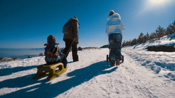 Family Walking Snow Road Baby Todler Pushed Stroller Happy Kid — Stock Photo, Image