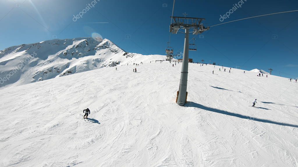 POV point of view. Open air ski lifts in Bansko, Bulgaria