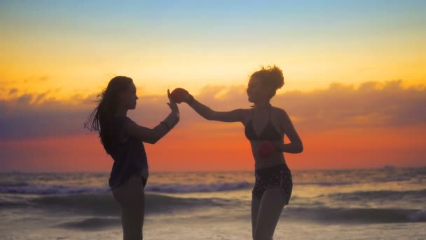 Zwei Mädchen Trainieren Karate Strand Vor Sonnenuntergang Und Wogenden Wellen — Stockvideo