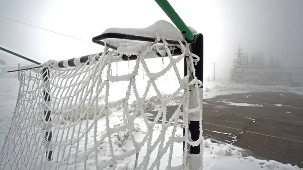 Vue Terrain Soccer Handball Vide Avec Filet Couvert Neige Pendant — Photo