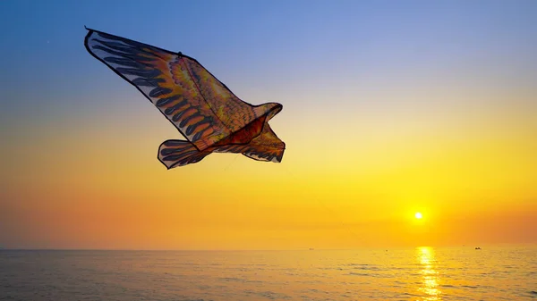 Cerca Juguete Color Cometa Volando Alto Aire Contra Oro Puesta — Foto de Stock