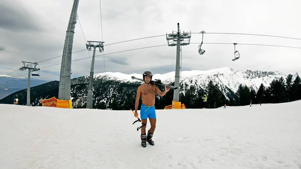Sexy Naked Gay Holding Skies Pose Ski Slope Ski Lift — Stock Photo, Image