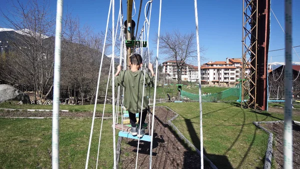 Glad Skola Pojke Njuta Aktivitet Klättring Äventyrspark Sommardag — Stockfoto