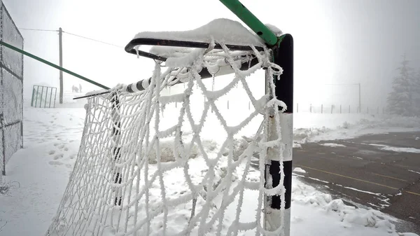 Filet Enneigé Avec Terrain Entraînement Sportif Pour Handball Football Hiver — Photo