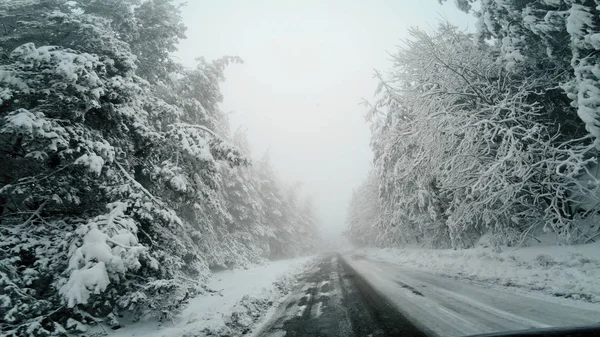 Winter Station Pov Sneeuw Blizzard Met Slecht Zicht Landelijke Bergweg — Stockfoto