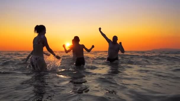 Familienmenschen Feiern Eine Party Tanzen Sprühen Und Springen Sommerstrand Sonnenuntergang — Stockvideo