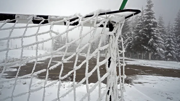 Sport practicing terrain for handball or football covered with snow