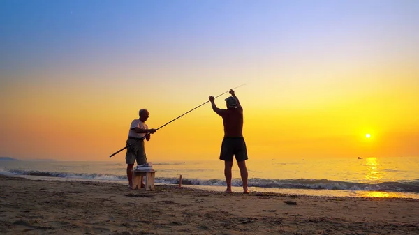 Silhouette Active Fishermans Fishing Rod Summer Sea Sunset — Stock Photo, Image