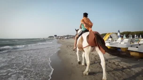 Felice Ragazzo Cavalcando Cavallo Nuovo Spiaggia — Video Stock