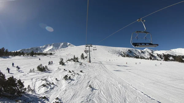 Kış Resort Pov Shot Teleferik Draging Aracılığıyla Bir Çam Ormanı — Stok fotoğraf