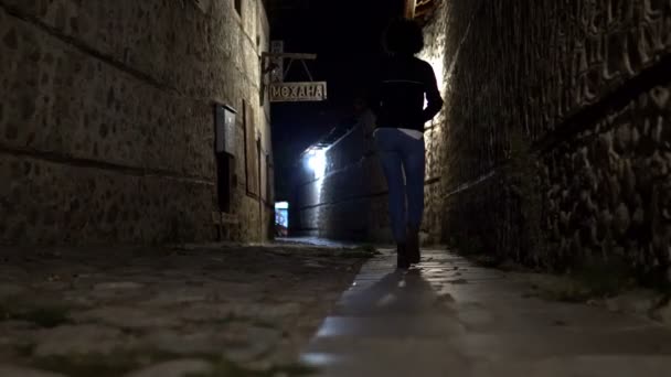 Trekking Una Silueta Mujer Caminando Antiguo Callejón Oscuro Con Pavimento — Vídeo de stock