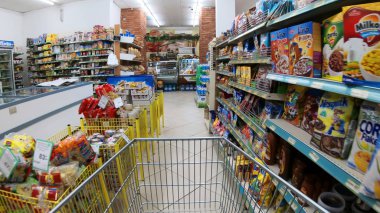 Skopje, Makedonya - Mar, 2018 yaklaşık: boş alışveriş sepeti arabası ile süpermarket taşıma