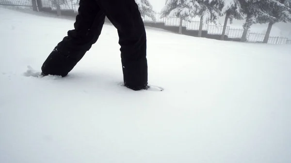 Nohy Žena Chůze Hlubokém Sněhu Lese Zimě — Stock fotografie