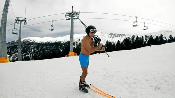 Handsome Naked Gay Guy Man Collect His Ski Equipment Slope — Stock Photo, Image