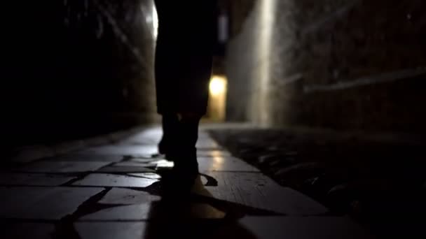 Kinowy Treking Kobieta Nogi Buty Spaceru Kamieniu Bruk Ciemnej Ulicy — Wideo stockowe