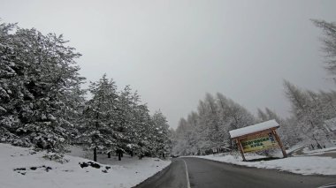 Dağ kırsal yolda kötü görüş ile kar blizzard üzerinde kış sürücü pov